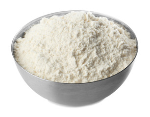 Bowl with wheat flour on white background