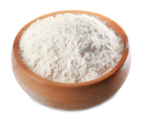 Fototapeta na wymiar Bowl with wheat flour on white background