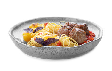 Delicious pasta with meat balls and tomato sauce on white background