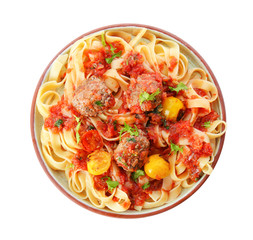Delicious pasta with meat balls and tomato sauce on plate against white background