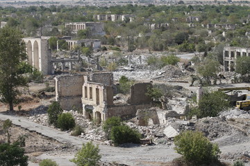 Ruined soviet-era buildings in Agdam, ghost town in Nagorno-Karabakh (Artsakh) republic