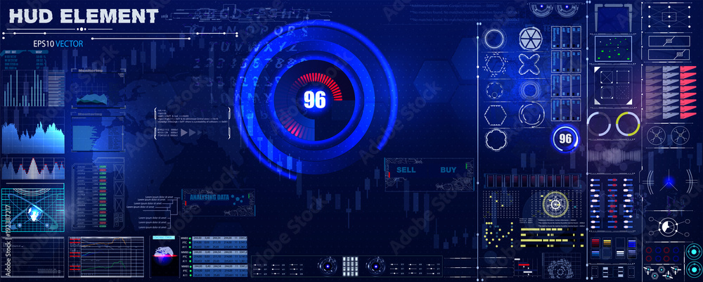 Leinwandbilder Futuristic interface hud design, info graphic elements like scanning graph or waves, warning arrow and bar regulator, fingerprint pass, molecule hologram. Analysis theme.