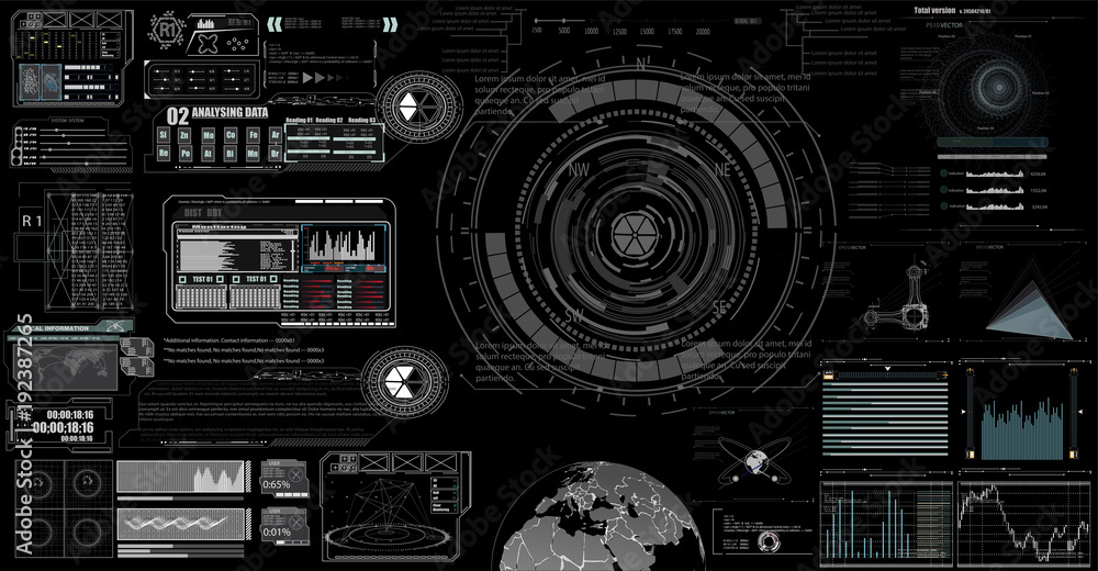 Poster set of black and white infographic elements. head-up display elements for the web and app. futuristi
