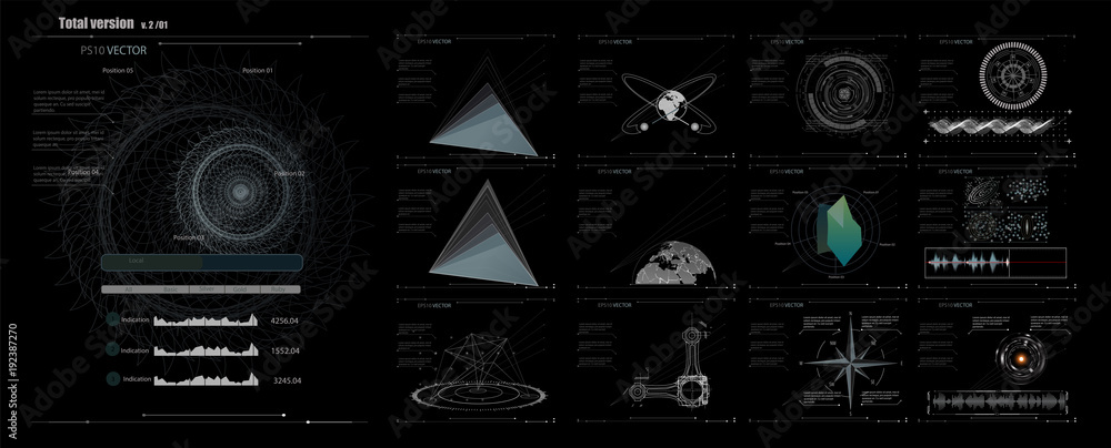 Poster set of black and white infographic elements. Head-up display elements for the web and app. Futuristic user interface. Virtual graphic. EPS10