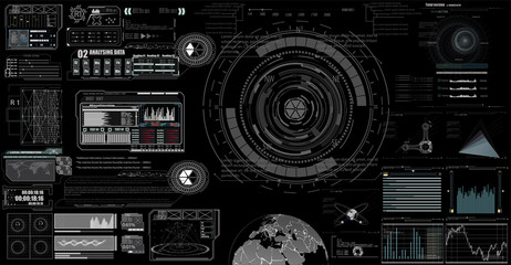 set of black and white infographic elements. Head-up display elements for the web and app. Futuristic user interface. Template UI for app and virtual reality.EPS10