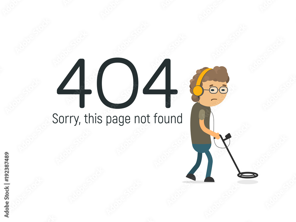 Aufkleber funny design 404 page not found vector illustration. geek with metal detector searching the big data