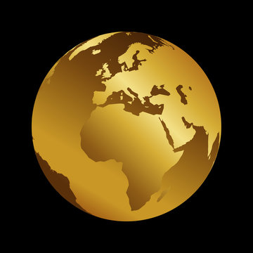 Africa golden 3d metal planet backdrop view . World map vector illustration on black background