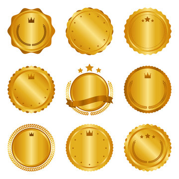 Collection of modern, gold circle metal badges, labels and design elements. Vector illustration