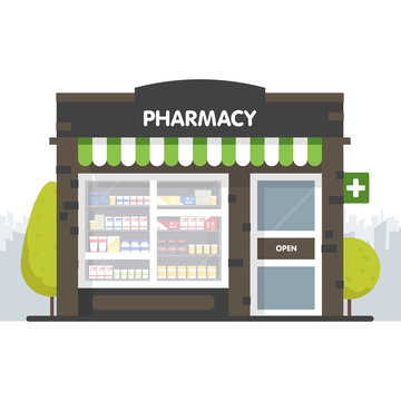 Facade of pharmacy in the urban space, the sale of drugs and pills. Template concept for the website, advertising and sales.
