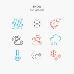 snow, snowflake, frost and more, thin line color icons set, vector illustration