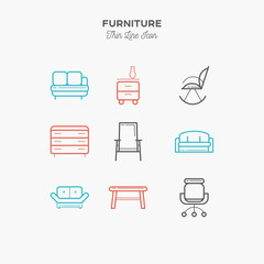 Furniture, sofa, table, chair, curbstone and more, thin line color icons set, vector illustration