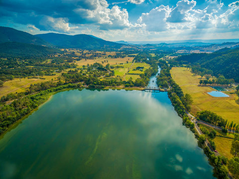 Aerial landscape of beautiful lake on bright summer day