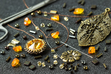 Tools,  beads amber, accessories for making jewelry. Needlework.