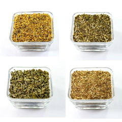 Set of different tea isolated on white. hibiscus, St. John's wort, lemon balm, calendula, green tea.