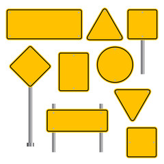 Blank traffic road sign set, empty street signs, yellow isolated on white background, vector illustration.
