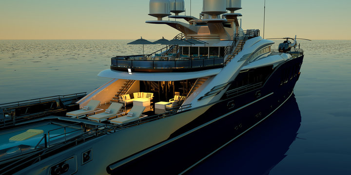 Extremely detailed and realistic high resolution 3D illustration of a luxury super yacht with a helicopter, a swimming pool and a jacuzzi