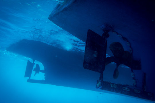 Underwater view to yacht rudder and prop