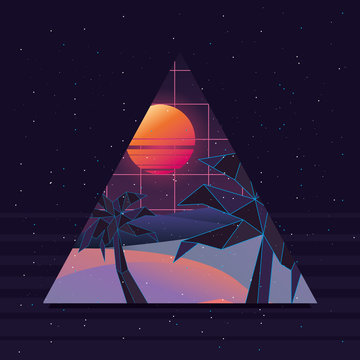 Retrowave Design Of Island With Palms 