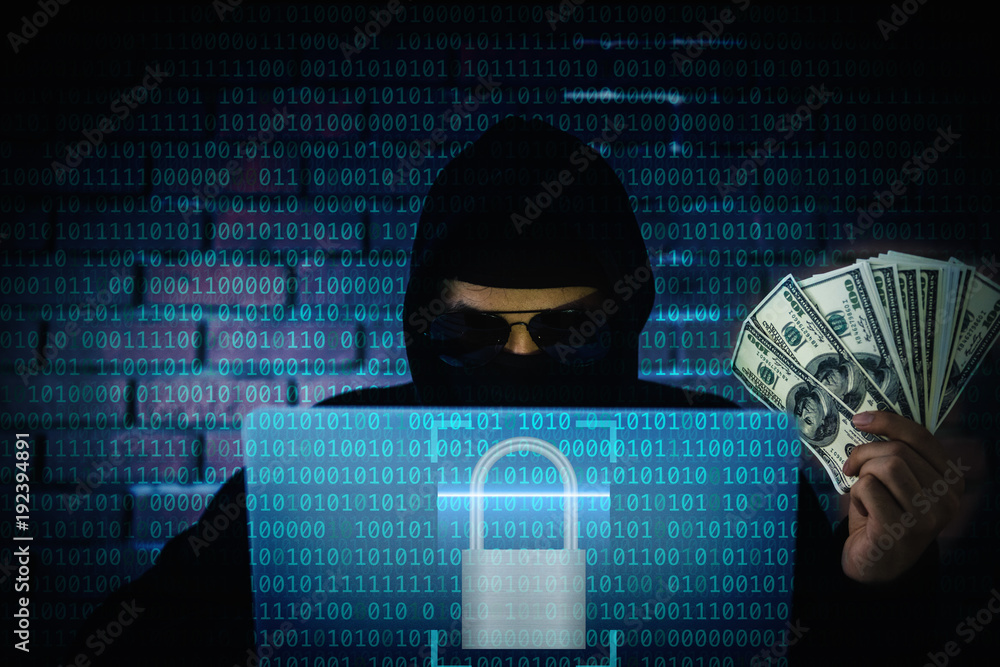Aufkleber computer hacker trying to accessing information privacy of the companies and showing money income fr