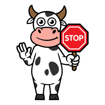 Cartoon Cow Character Holding Stop Sign