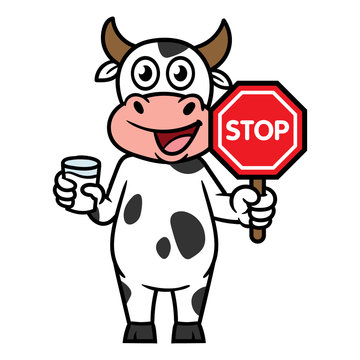 Cartoon Cow Character Holding Stop Sign and Glass of Milk