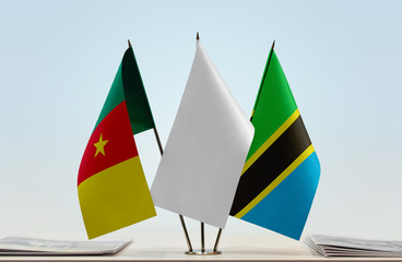 Flags of Cameroon and Tanzania with a white flag in the middle