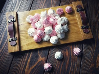 airy pink and white meringue on wooden background     