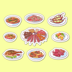 Thai cuisine dishes isolated labels. Tom yam soup, steamed rice, satay skewers, green curry, fish and crabs, noodles with shrimp and green papaya salad. Restaurant menu element vector illustration.