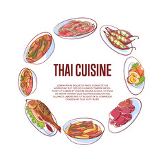 Thai cuisine poster with famous asian dishes vector illustration. Restaurant menu cover wit tom yam soup, steamed rice, satay skewers, green curry, fish and crabs, noodles with shrimp, papaya salad.