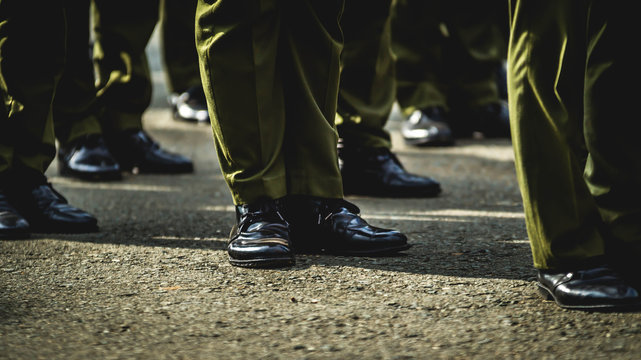 marching. shoes in line. Police standing in formation