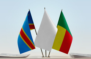 Flags of Democratic Republic of the Congo (DRC, DROC, Congo-Kinshasa) and Benin with a white flag in the middle