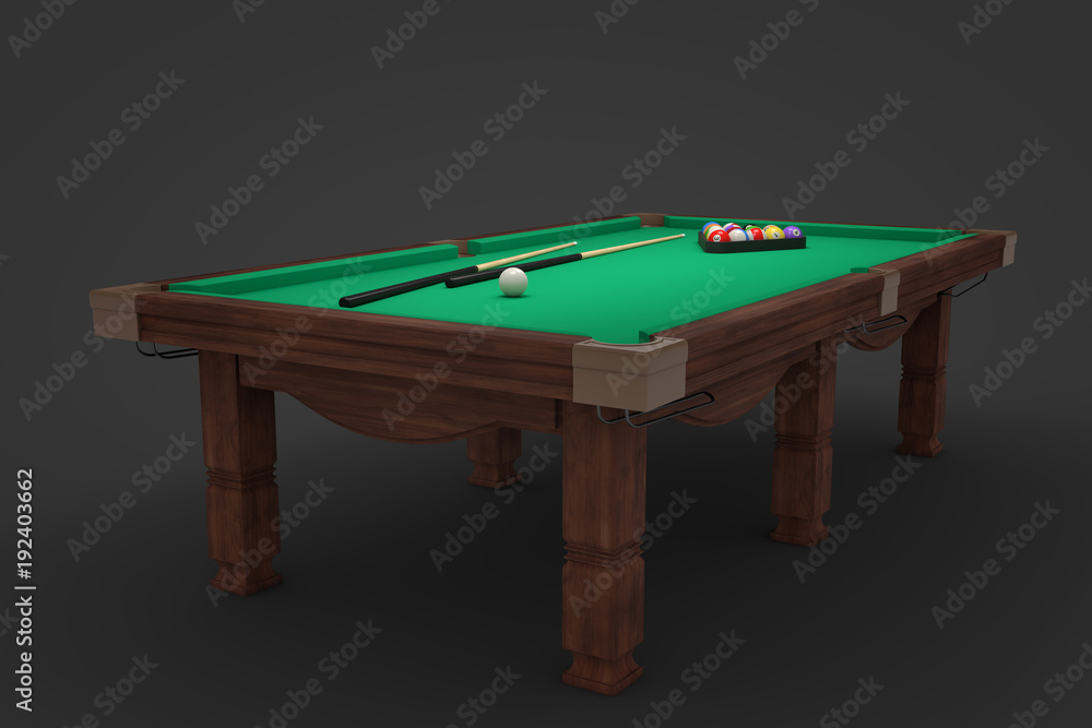 Poster 3d rendering of a billiards table with two cue sticks and a rack with balls on its surface.