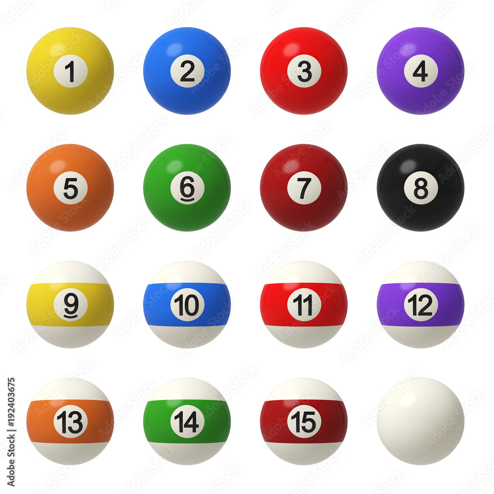 Poster 3d rendering of a complete set of billiard balls in front view with different colors and numbers.