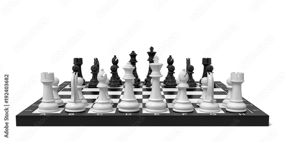 Poster 3d rendering of a chess board with a full set of figures in the starting position.