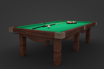 3d rendering of a billiards table with two cue sticks and a rack with balls on its surface.