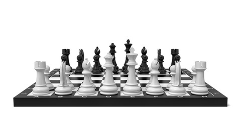 3d rendering of a chess board with a full set of figures in the starting position.