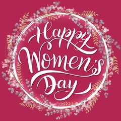 Happy Women's Day Greeting Cards. 8 March lettering with flowers wreath.