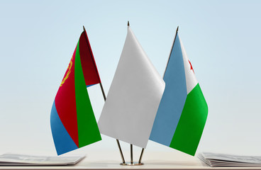 Flags of Eritrea and Djibouti with a white flag in the middle