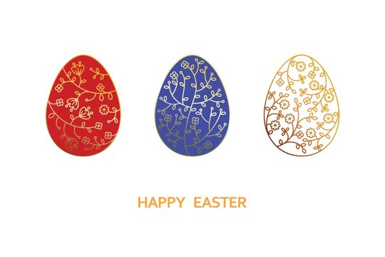 Happy easter card with eggs blue, red, white colours with flower decoration. Banner, promotion, party poster, stamp, label, tag, special offer. Vector Illustration.