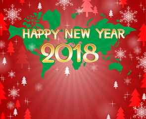 happy new year 2018 on world map and red background