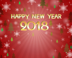 happy new year 2018 with snow flake, ,pine and sun ray on red background