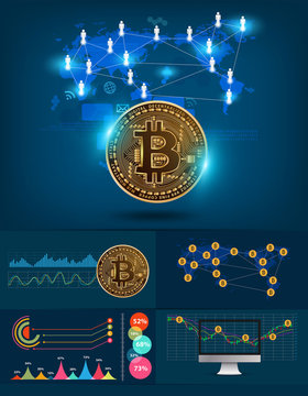 Infographics bitcoin digital currency futuristic technology network with world Map, Vector illustration layout template design