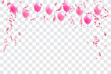 Confetti and pink ribbons celebration transparent background template concept. vector illustration