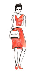 Watercolor illustration of a woman in red dress