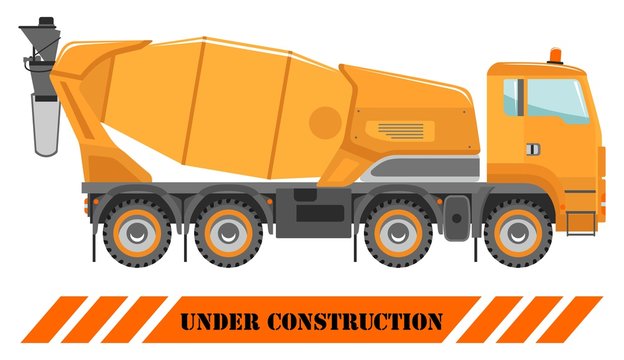 Concrete mixer. Heavy construction machines. Heavy equipment and machinery. Building technique. Vector illustration.