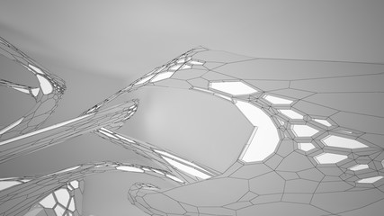 Abstract drawing white parametric interior. Polygon black drawing. 3D illustration and rendering.