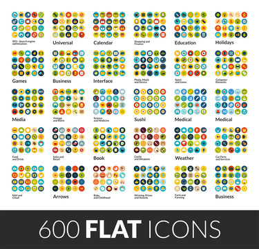 Large icons set, 600 flat color vector pictogram with round