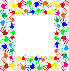 multicolored handprints double border on white background.