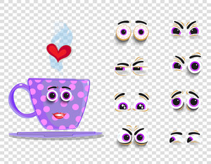 Cute emoji set of pink cup with changeable eyes collection