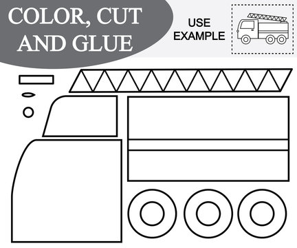 Color, cut and glue image of fire escape (car). Educational game for children.
